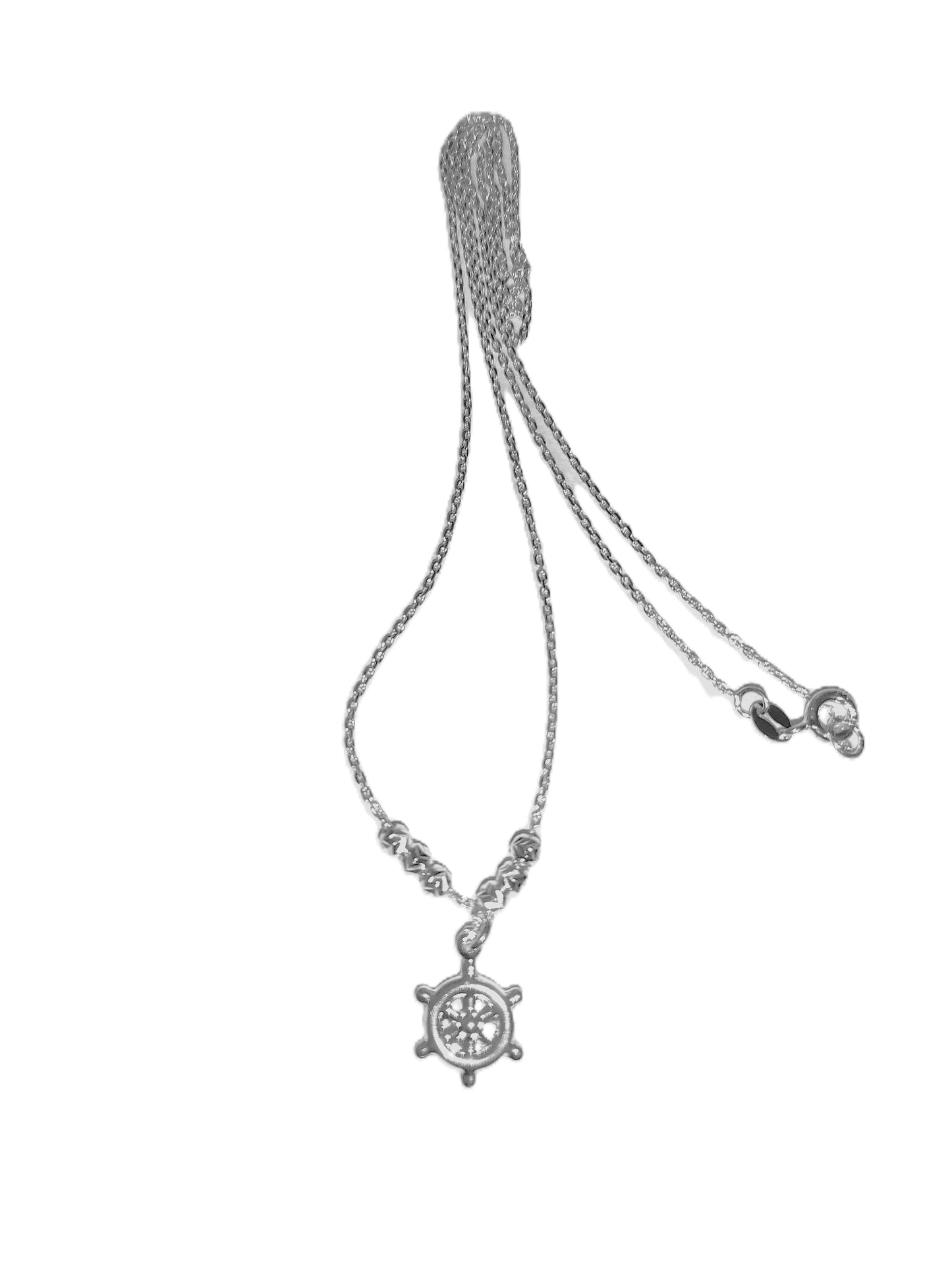 Collar de Plata .925 - Cadena Rolo Doble con Esferas y Dije Timón de Barco Calado