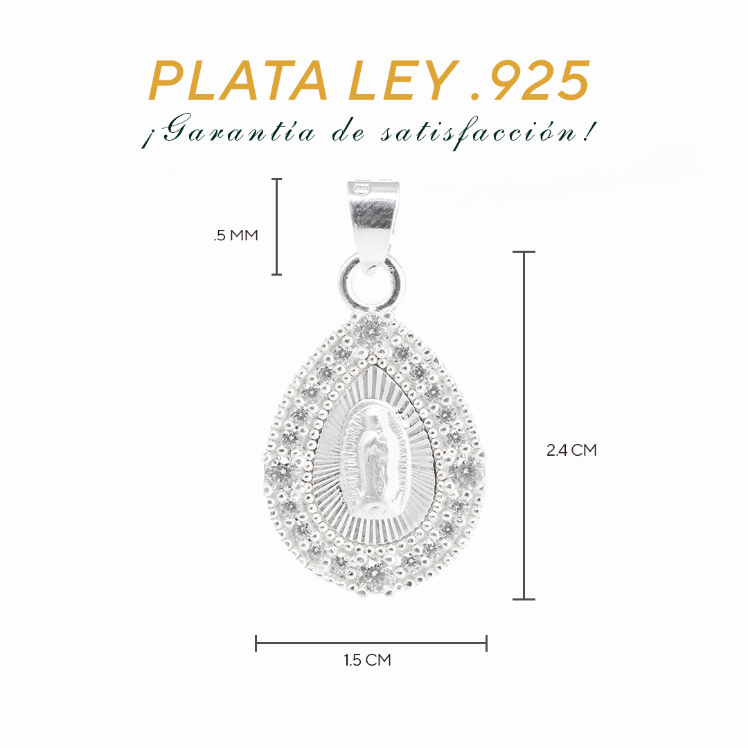 Dije de Plata ley .925 en diseño de la Virgen de Guadalupe con topacio blanco, mod. DRP030LP - Joyería Religiosa