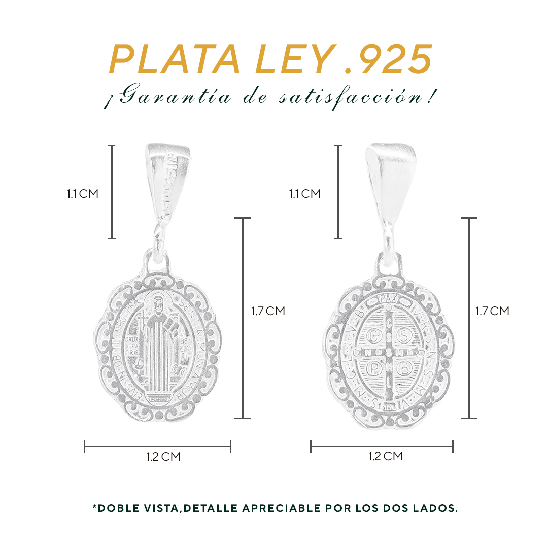 Set de Dije y Cadena de Plata - San Benito con Marco Ornamental Doble Vista con Cadena Fígaro (COM.FBD-174)