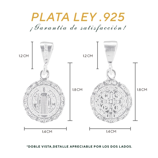 Set de Dije y Cadena de Plata - San Benito con Marco Filigrana Pequeño Doble Vista con Cadena (FBD-175)