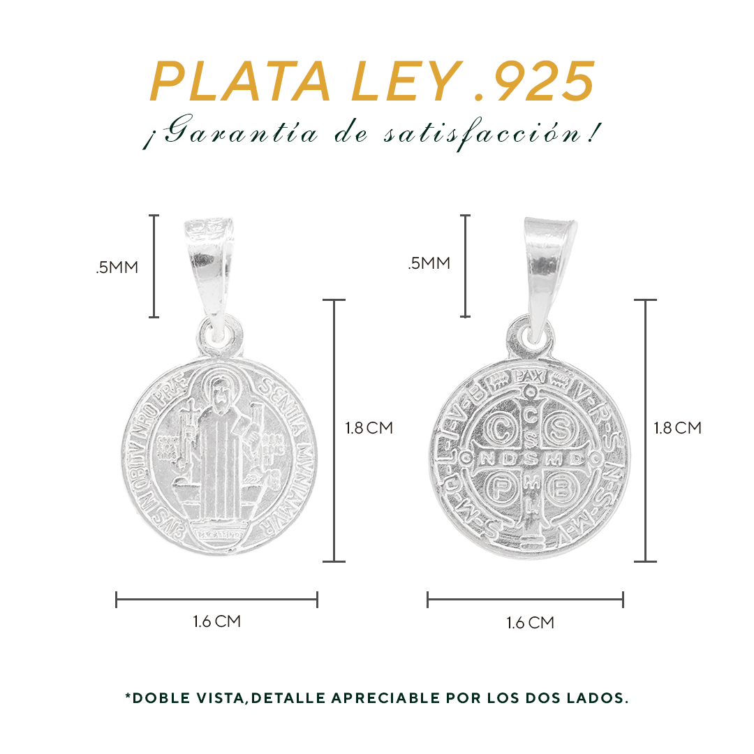 Set de Dije y Cadena de Plata ley.925 - San Benito Marco Greca Doble Vista con Cadena Fígaro .925
