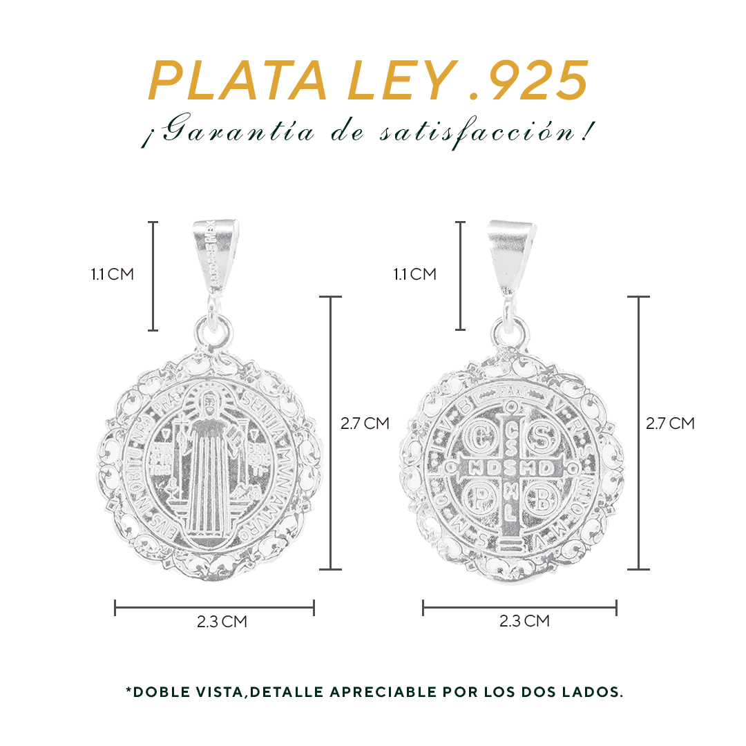 Set de Dije y Cadena de Plata - San Benito Grande con Marco Ornamental Doble Vista con Cadena Fígaro (FBD-226)