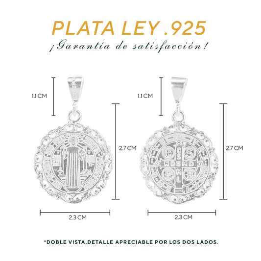 Set de Dije y Cadena de Plata - San Benito Grande con Marco Ornamental Doble Vista con Cadena Fígaro (FBD-226)
