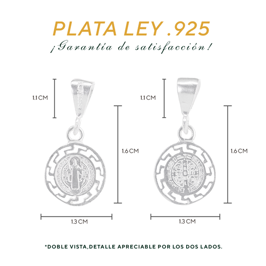 Set de Dije y Cadena de Plata - San Benito con Marco Greca Doble Vista con Cadena Fígaro (COM.FBD_235)