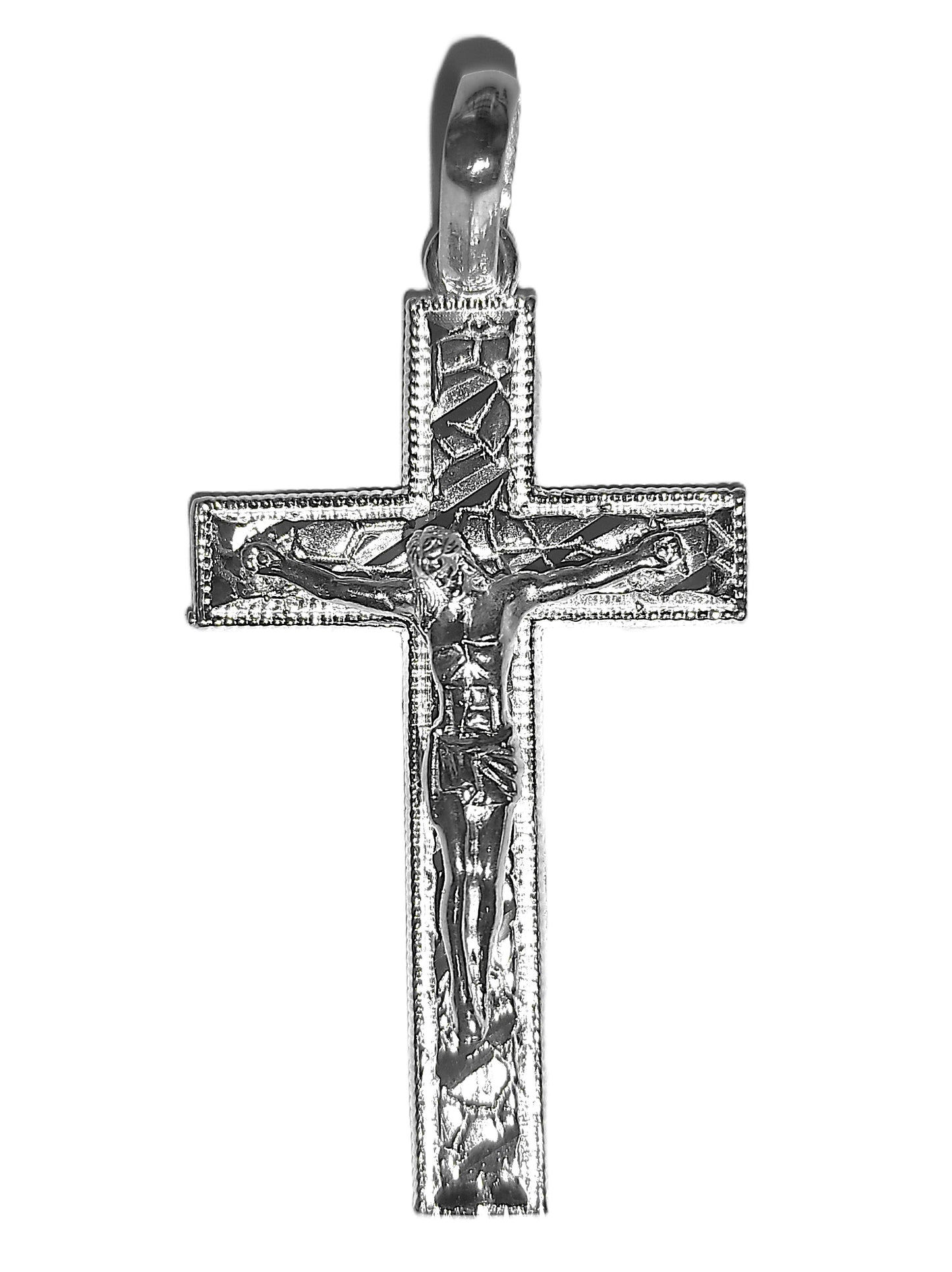 Crucifijo de Plata .925 - Clásico con Borde Milgrain, Cristo en Altorrelieve e INRI