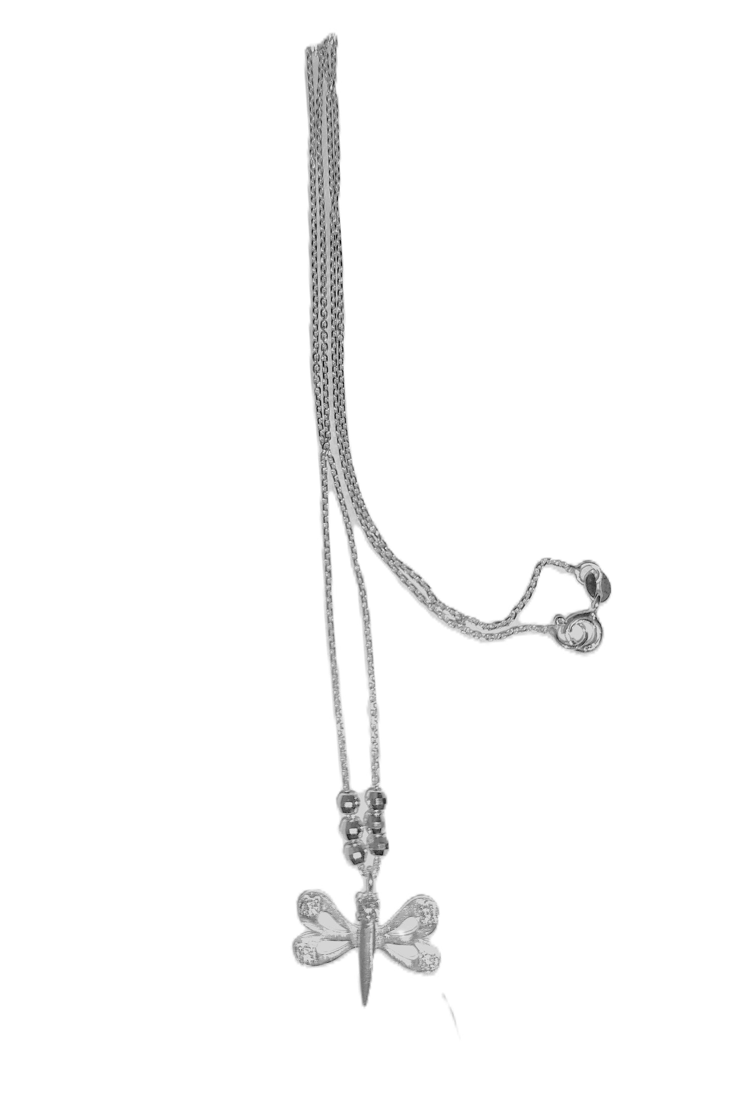Collar de Plata .925 - Cadena Rolo Doble con Esferas Diamantadas y Dije Libélula con Alas Caladas