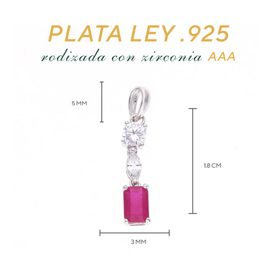 DIJE EN PLATA LEY .925, CON RODIO , ZIRCONIA AAA ROJO RUBI Y BLANCO