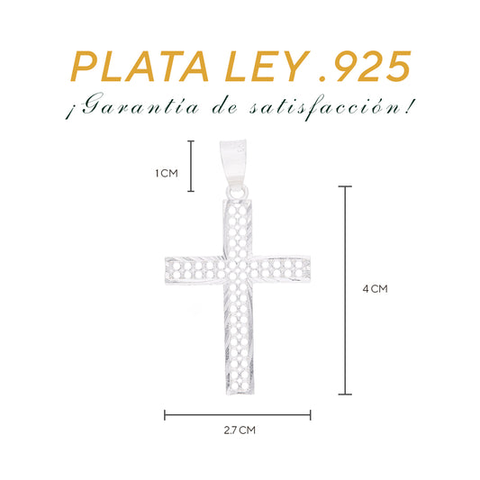Medidas de la cruz calada panal: 4 cm alto × 2.7 cm ancho, argolla 1 cm – Plata Ley .925