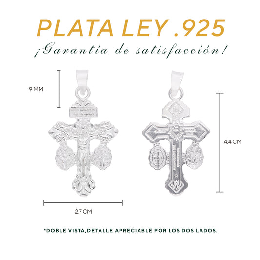 Medidas del crucifijo doble vista: 4.4 cm alto × 2.7 cm ancho, argolla 9 mm – Plata Ley .925