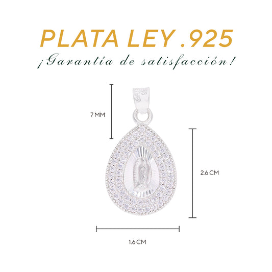 Medidas del dije Virgen Guadalupe lágrima: 2.6 cm alto × 1.6 cm ancho, argolla 7 mm – Plata Ley .925