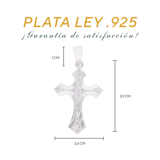 Dije de Plata .925 - Cruz Gótica Patada con Textura Granulada y Zircones Pavé, vista con longitud y proporciones