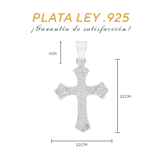 Medidas del dije cruz gótica: 3.2 cm alto × 2.2 cm ancho, argolla 1 cm — Plata Ley .925