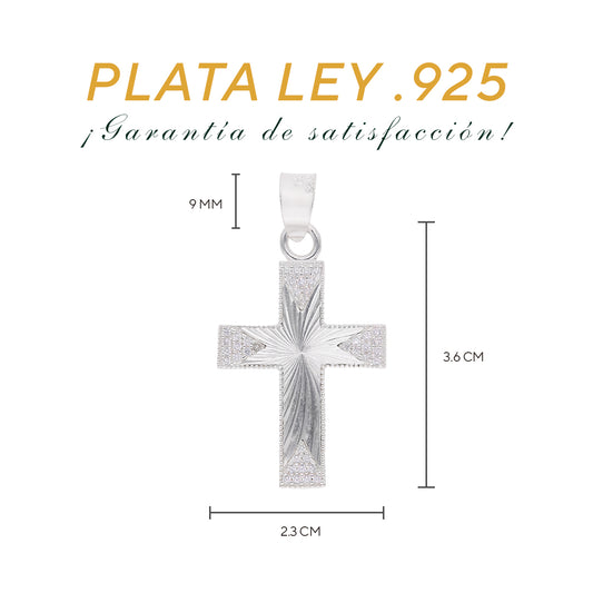 Medidas del dije cruz: 3.6 cm alto × 2.3 cm ancho, bailén 9 mm — Plata Ley .925