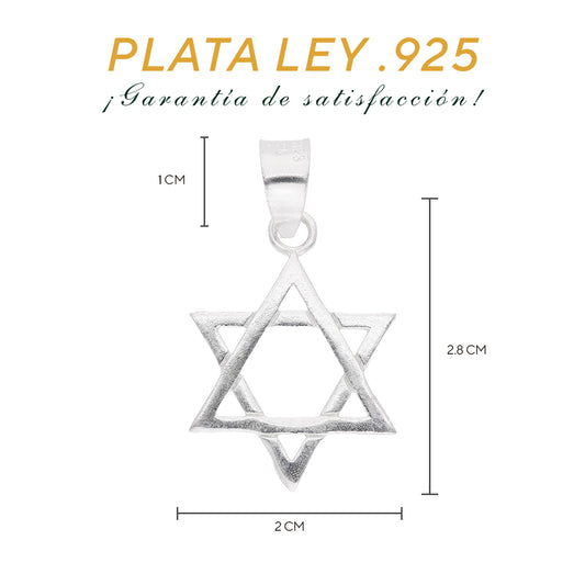Medidas del dije Estrella de David: 2.8 cm alto × 2 cm ancho, argolla 1 cm – Plata Ley .925