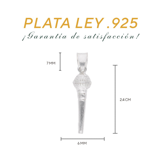 Medidas del dije micrófono: 2.4 cm alto × 6 mm ancho, argolla 7 mm – Plata Ley .925