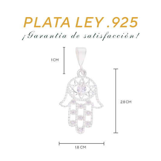 Medidas del dije Hamsa: 2.8 cm alto × 1.8 cm ancho, argolla 1 cm – Plata Ley .925