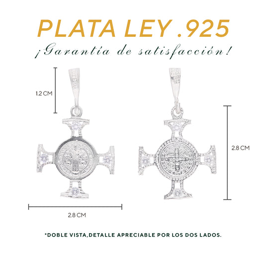 Medidas de la Cruz San Benito: 2.8 cm alto × 2.8 cm ancho, argolla 1.2 cm – Plata Ley .925 doble vista