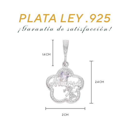 Dije “Mamá” Flor Calada con Zircón — Plata .925