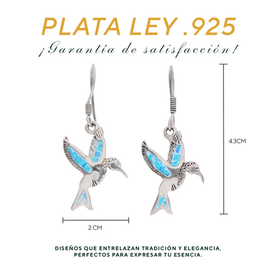 Medidas de los aretes colibrí: 4.3 cm largo × 2.0 cm ancho — Plata Ley .925