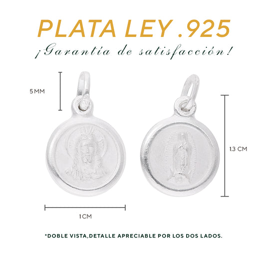 Medidas de la medalla: 1.3 cm alto × 1 cm ancho, argolla 5 mm – Plata Ley .925 doble vista