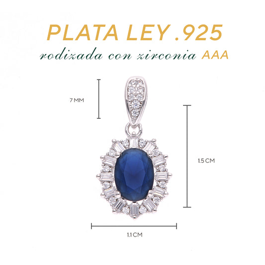 Dije Plata Ley 925 con Rodio y Zirconia AAA Color Azul Zafiro y Blanco Ovalado