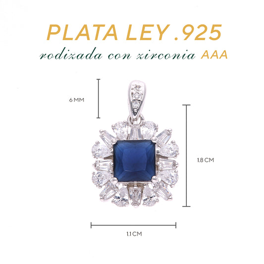 Dije Plata Ley 925 con Rodio y Zirconia AAA Color Azul Zafiro y Blanco
