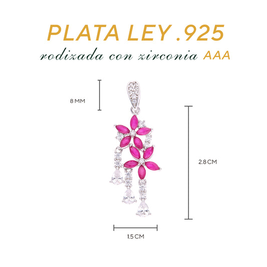 Dije Plata Ley 925 con Rodio y Zirconia AAA Color Rojo Rubí y Blanco en Forma de Dos Flores