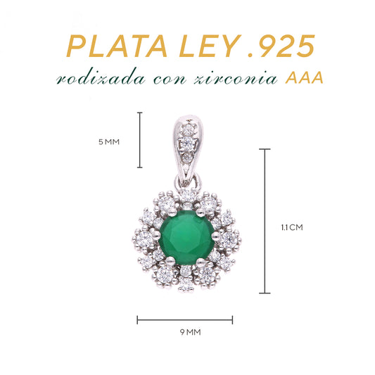 Dije Plata Ley 925 con Rodio y Zirconia AAA Color Verde Esmeralda y Blanco