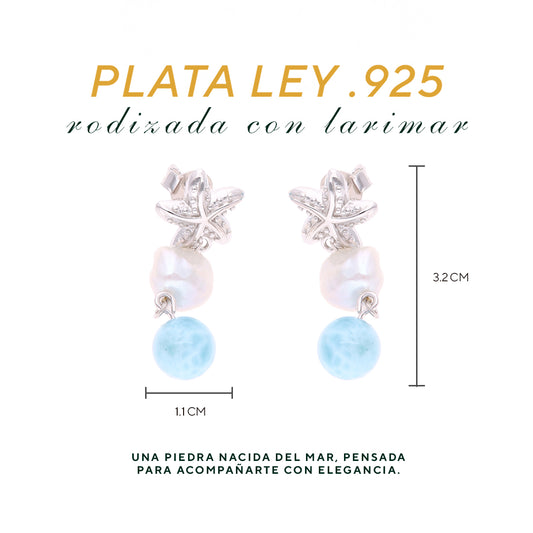 Aretes Perla y Larimar en Plata.925