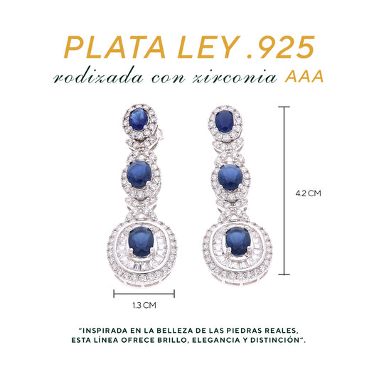 Aretes Plata Ley 925 con Rodio y Zirconia AAA Color Azul Zafiro y Blanco Ovalado