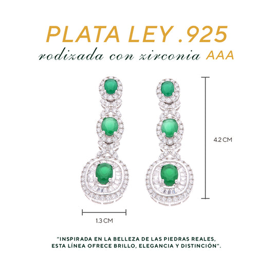Aretes Plata Ley 925 con Rodio y Zirconia AAA Color Verde Esmeralda y Blanco Ovalado