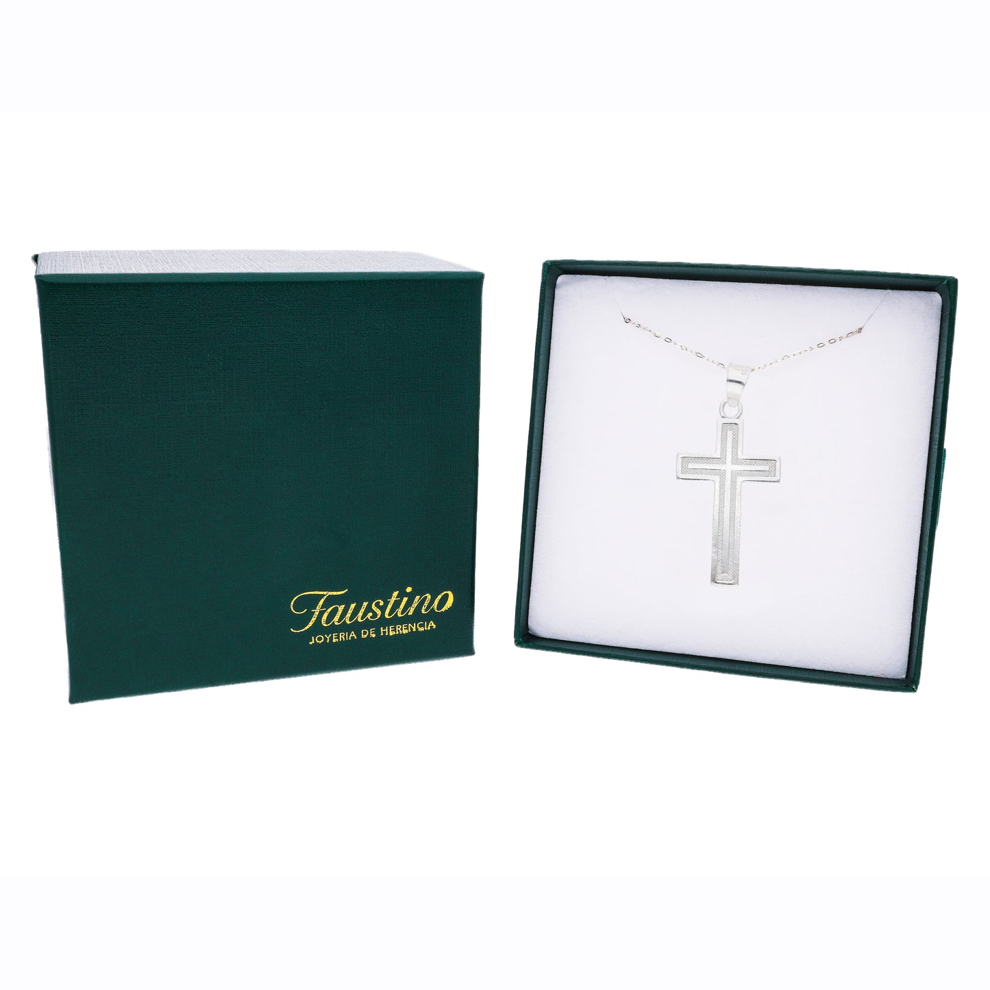 Dije cruz diamantada plata .925 en caja Faustino Joyería de Herencia