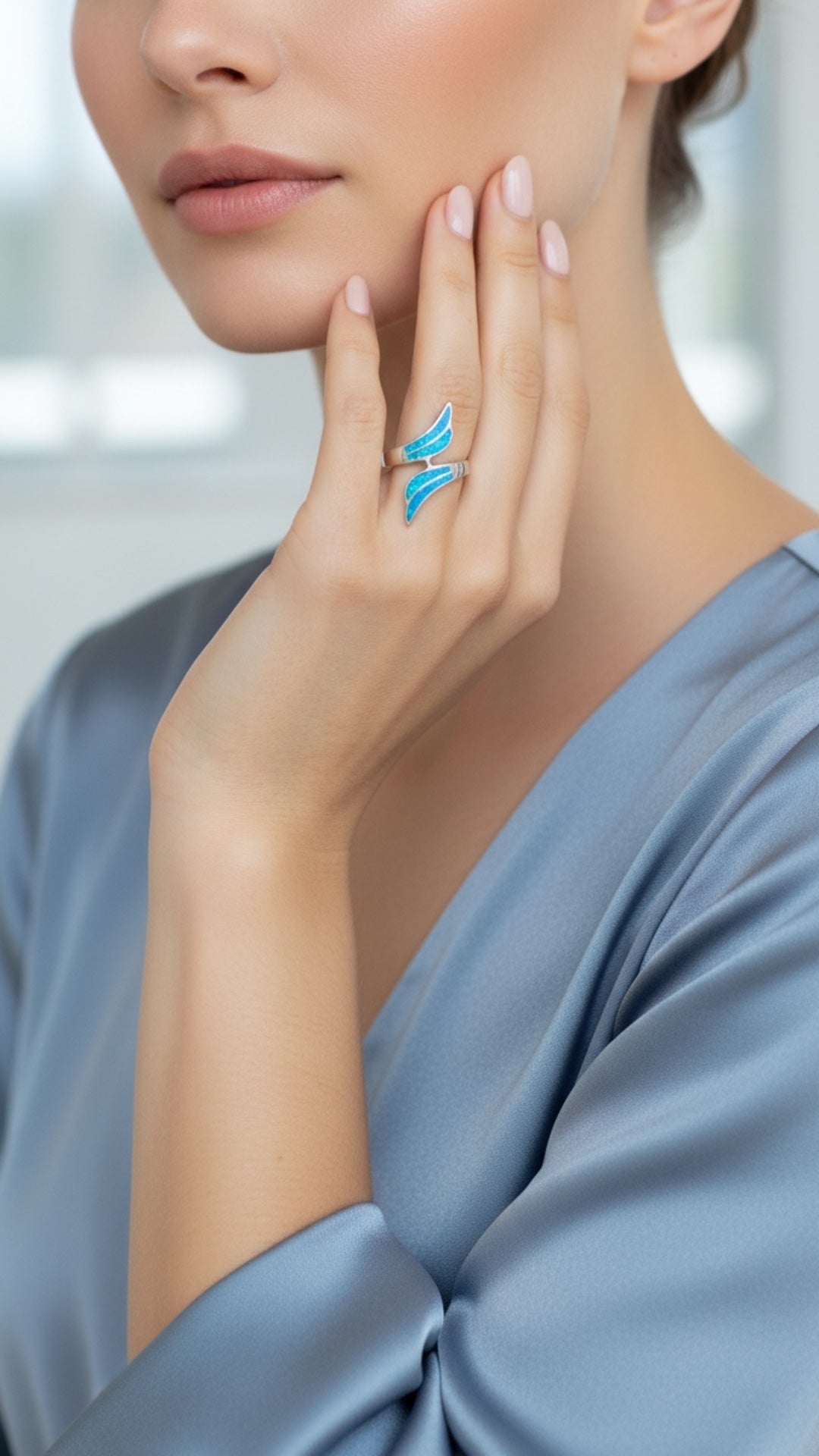 Anillo Abierto Alas con Ópalo Azul — Plata Esterlina .925