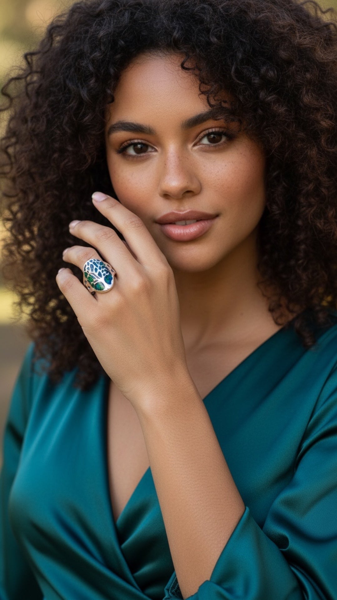 Anillo Sello Árbol de la Vida con Ópalo Verde y Zirconias — Plata Esterlina .925
