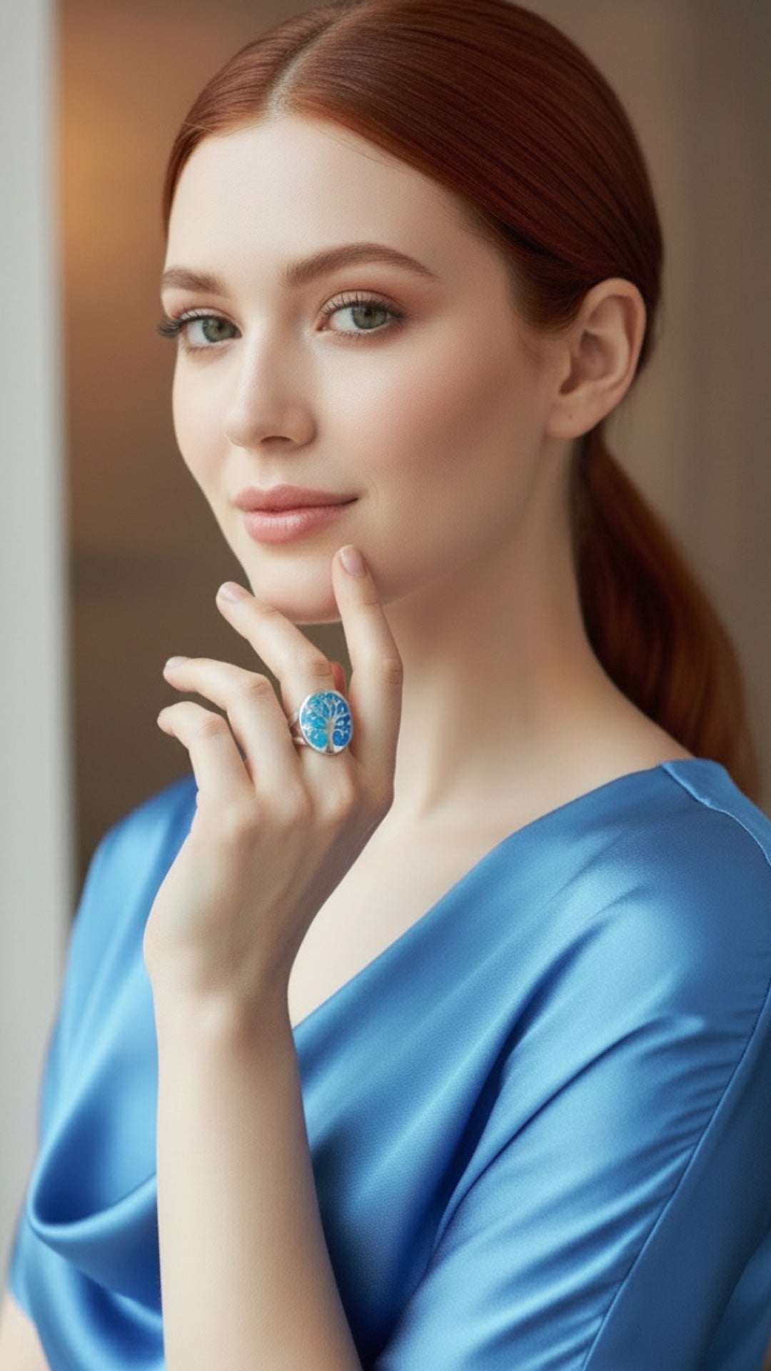 Anillo Sello Árbol de la Vida con Ópalo Azul — Plata Esterlina .925