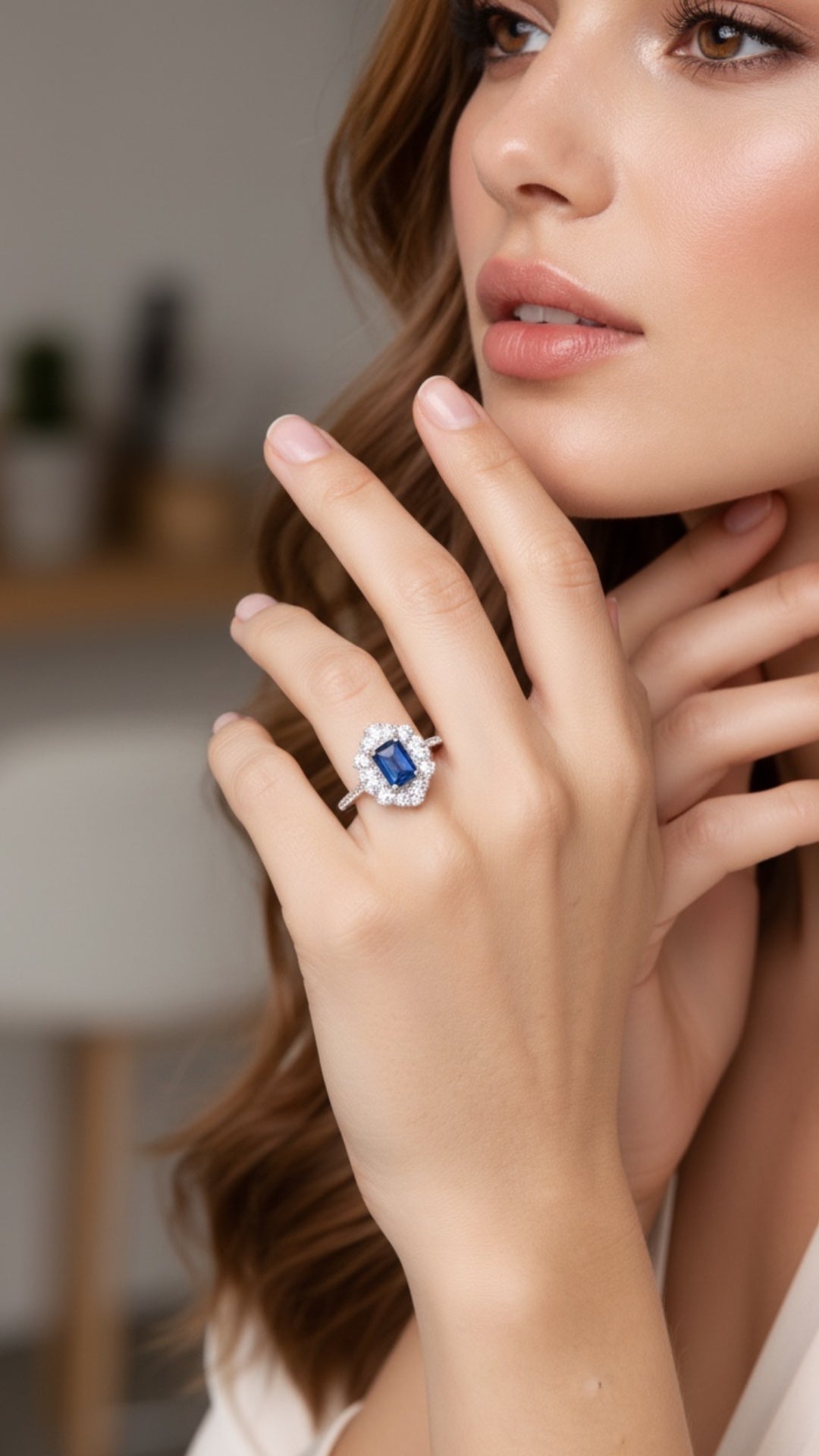 Anillo Plata Ley 925 con Rodio y Zirconia AAA Color Azul Zafiro y Blanco