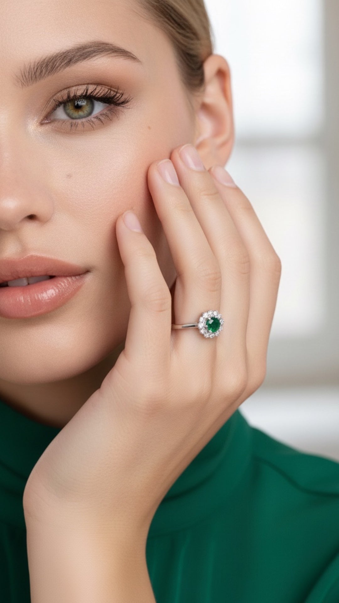 Anillo Plata Ley 925 con Rodio y Zirconia AAA Color Verde Esmeralda y Blanco Redondo