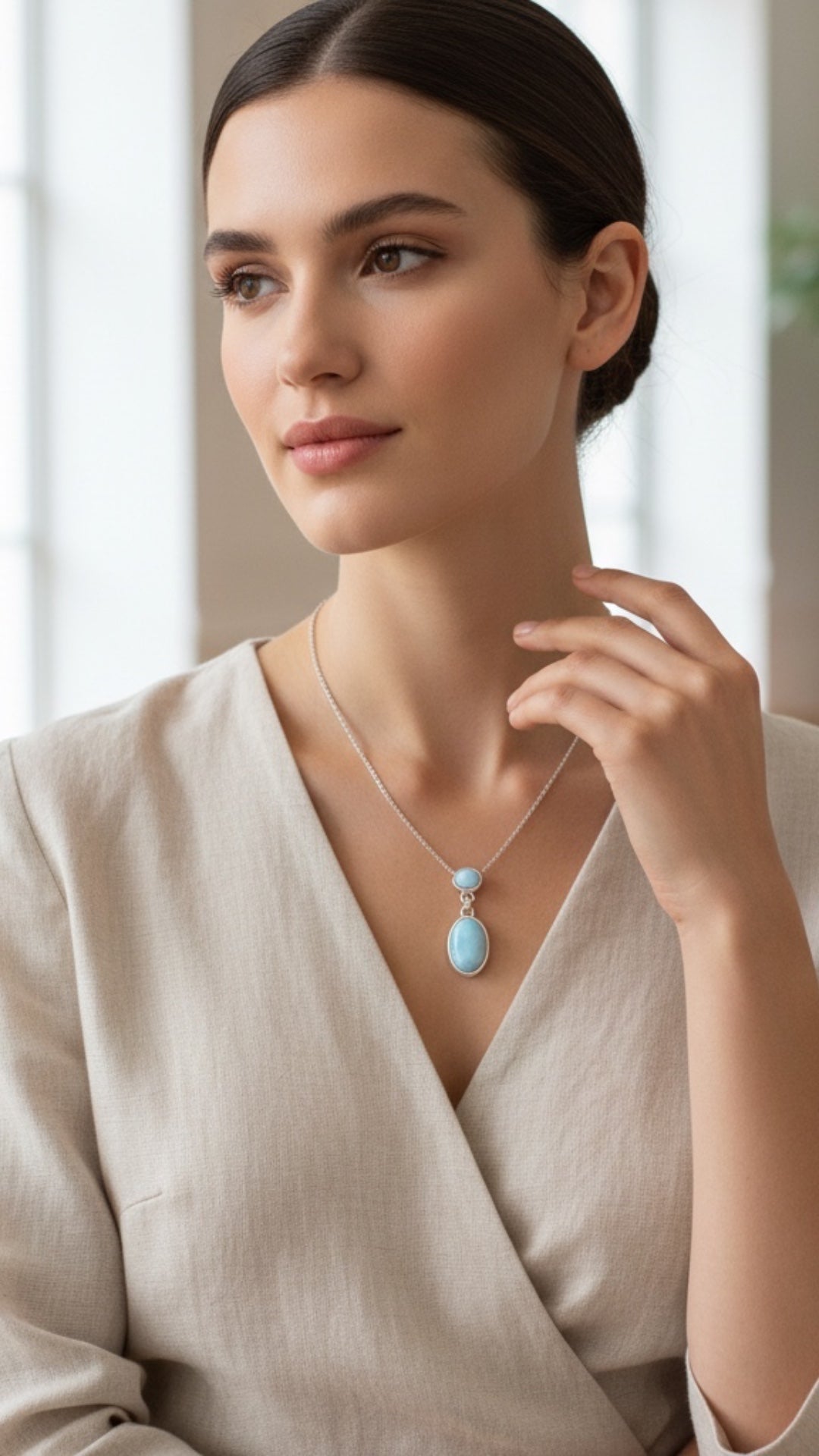 Collar Doble Larimar Colgante Plata.925