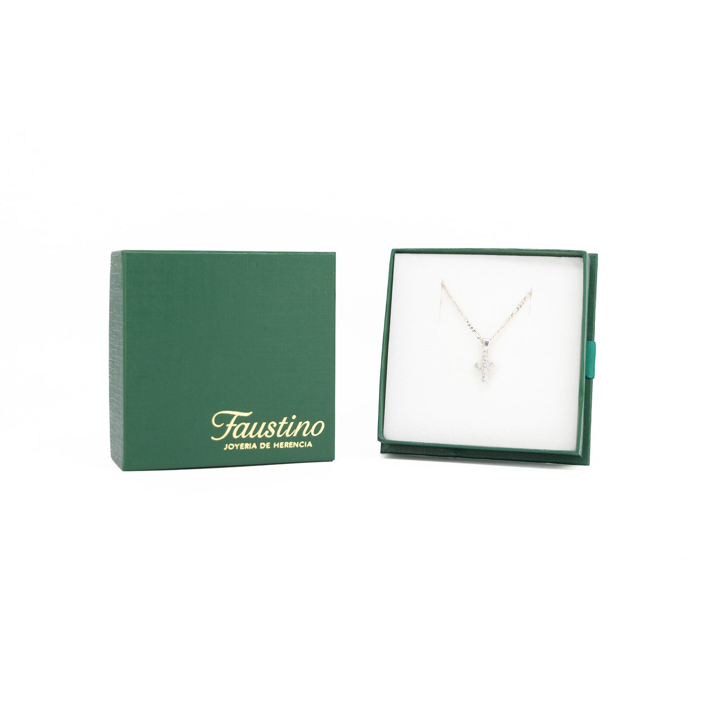 Set de Dije y Cadena de Plata ley .925 - Cruz con Múltiples Zirconias con Cadena Fígaro .925