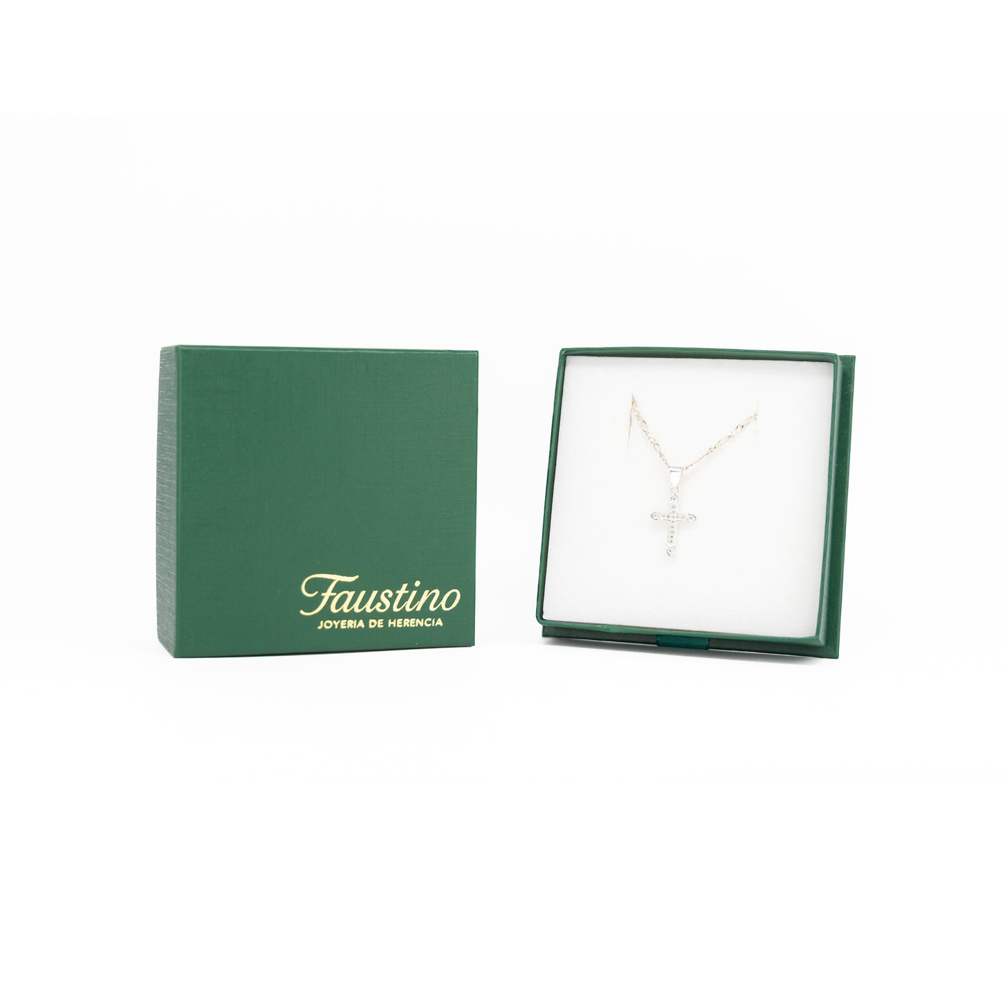 Set de Dije y Cadena de Plata - Cruz Ornamental con Zirconias con Cadena Fígaro .925