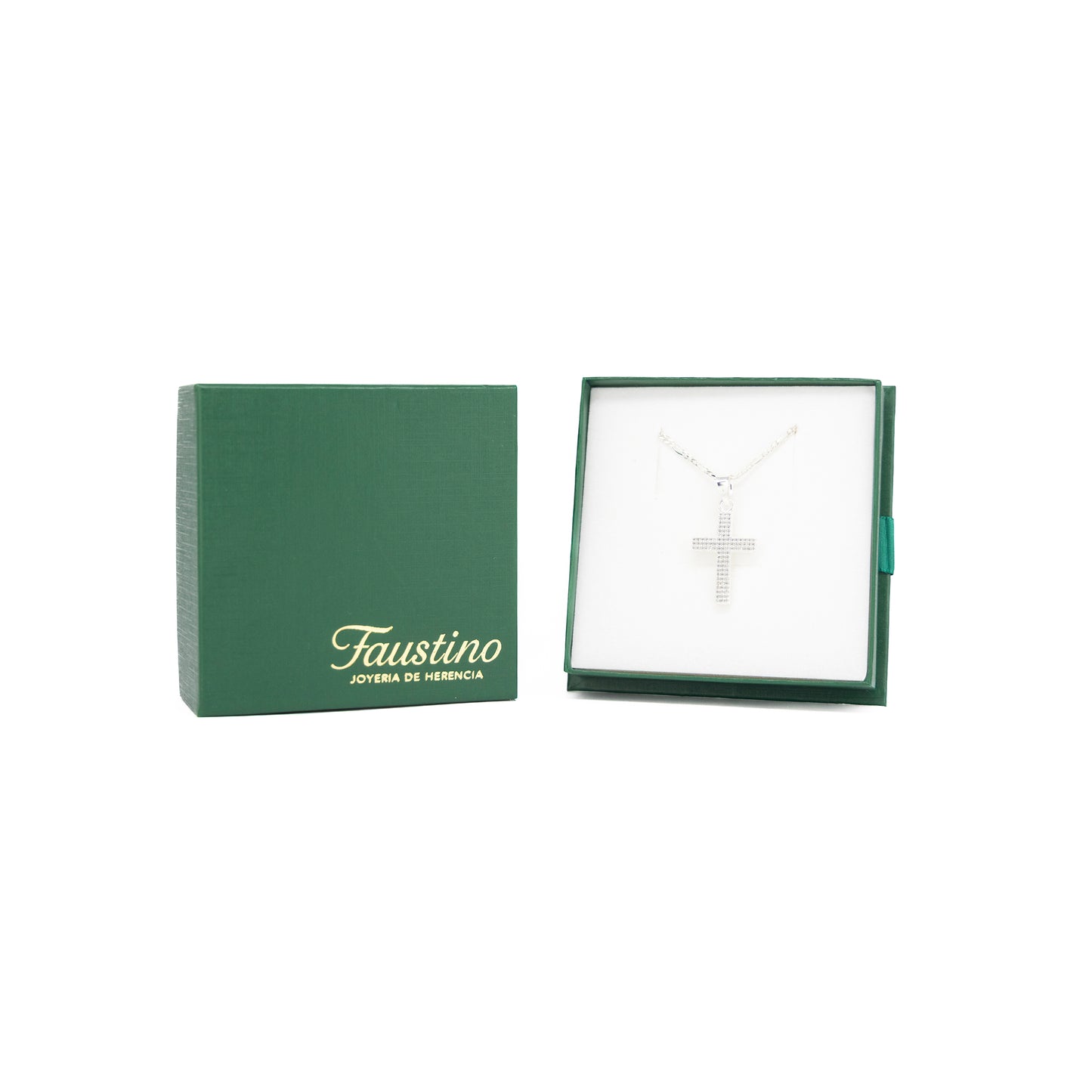 Set de Dije y Cadena de Plata ley.925 - Cruz Pavé Completa con Zirconias con Cadena Fígaro .925