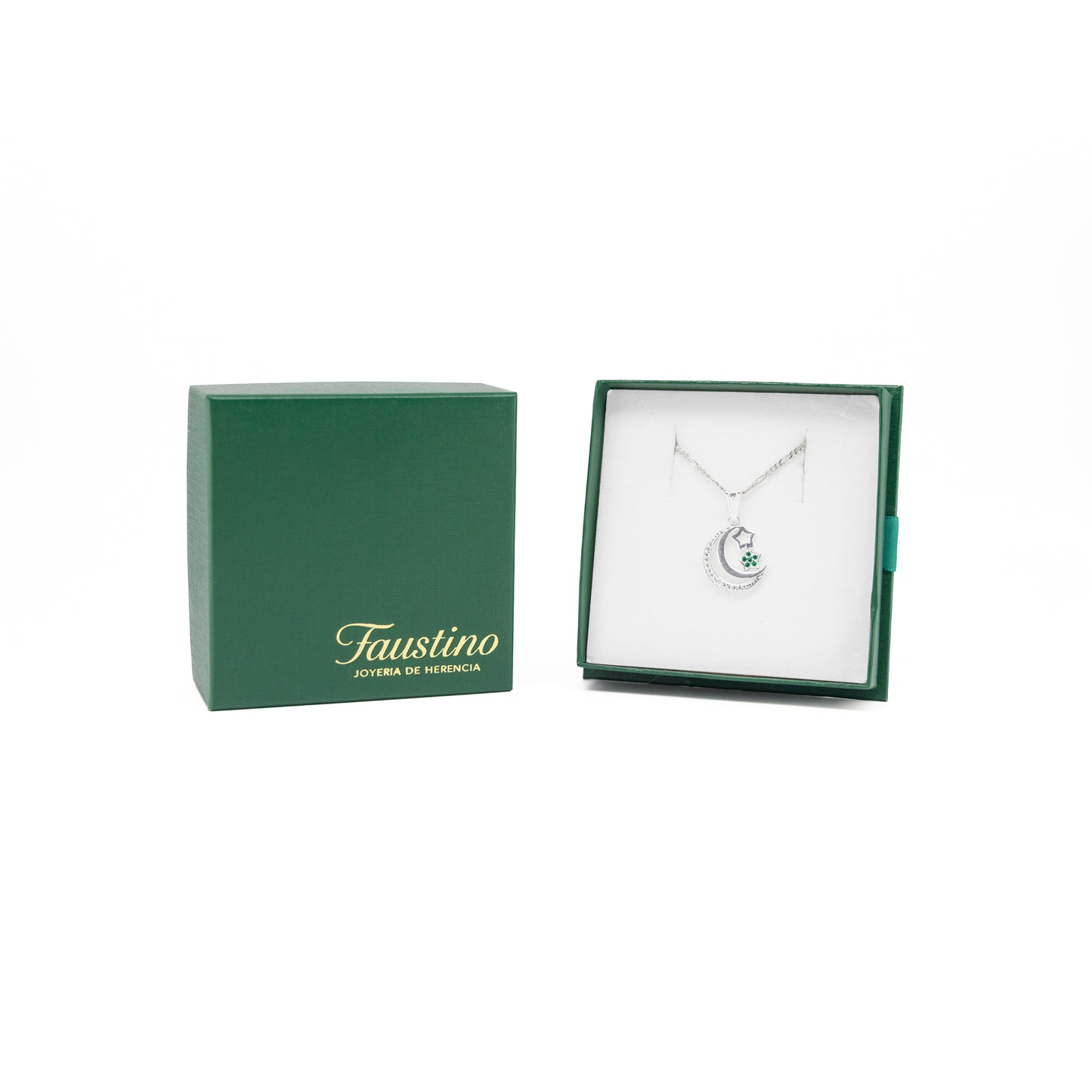 Set de Dije y Cadena de Plata Ley.- Luna y Estrella con Zirconias Verdes con Cadena Fígaro .925