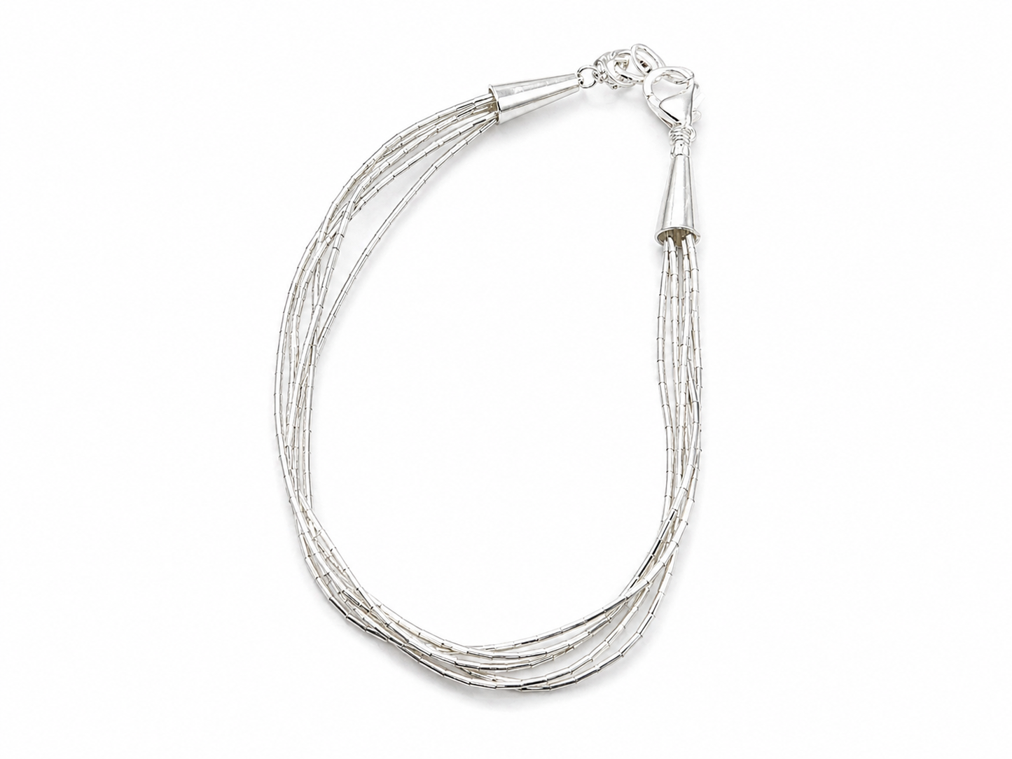 Pulsera de Plata .925 - Multihilo de Cinco Hilos Cola de Rata Ultrafina con Terminales Cónicos Grandes y Cierre Corazón — 16 cm