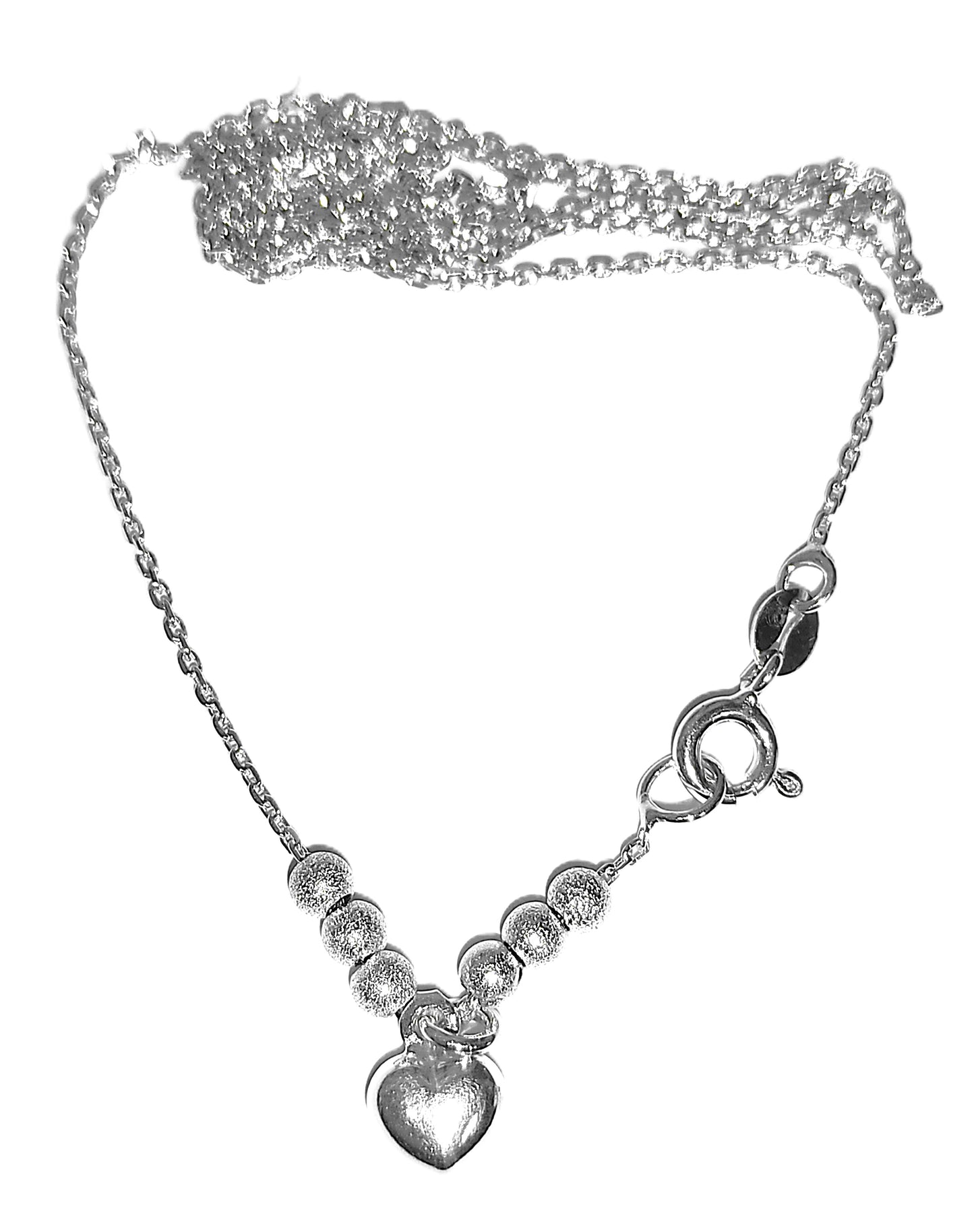 Collar de Plata .925 - Cadena Rolo con Esferas Satinadas Degradé y Dije Corazón Convexo