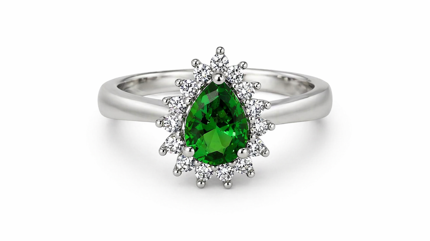 Anillo de Plata .925 - Halo Corona Real con Zircón Verde Esmeralda en Corte Pera — Estilo Diana Verde