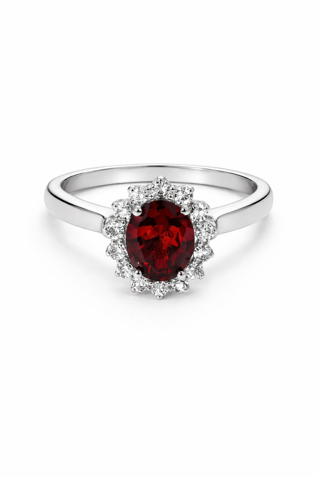 Anillo de Plata .925 - Halo Corona Real Ovalado con Zircón Rojo Rubí Intenso en Corte Oval — Estilo Diana Rojo