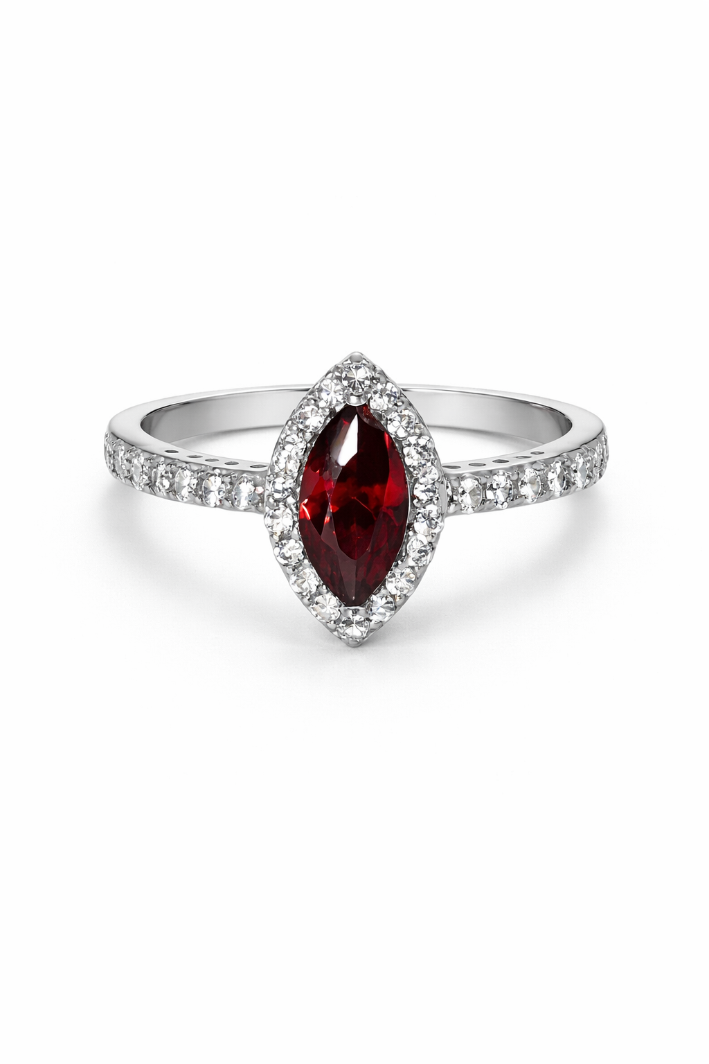 Anillo de Plata .925 - Halo Marquesa con Hombros de Pavé y Zircón Rojo Granate en Corte Marquesa