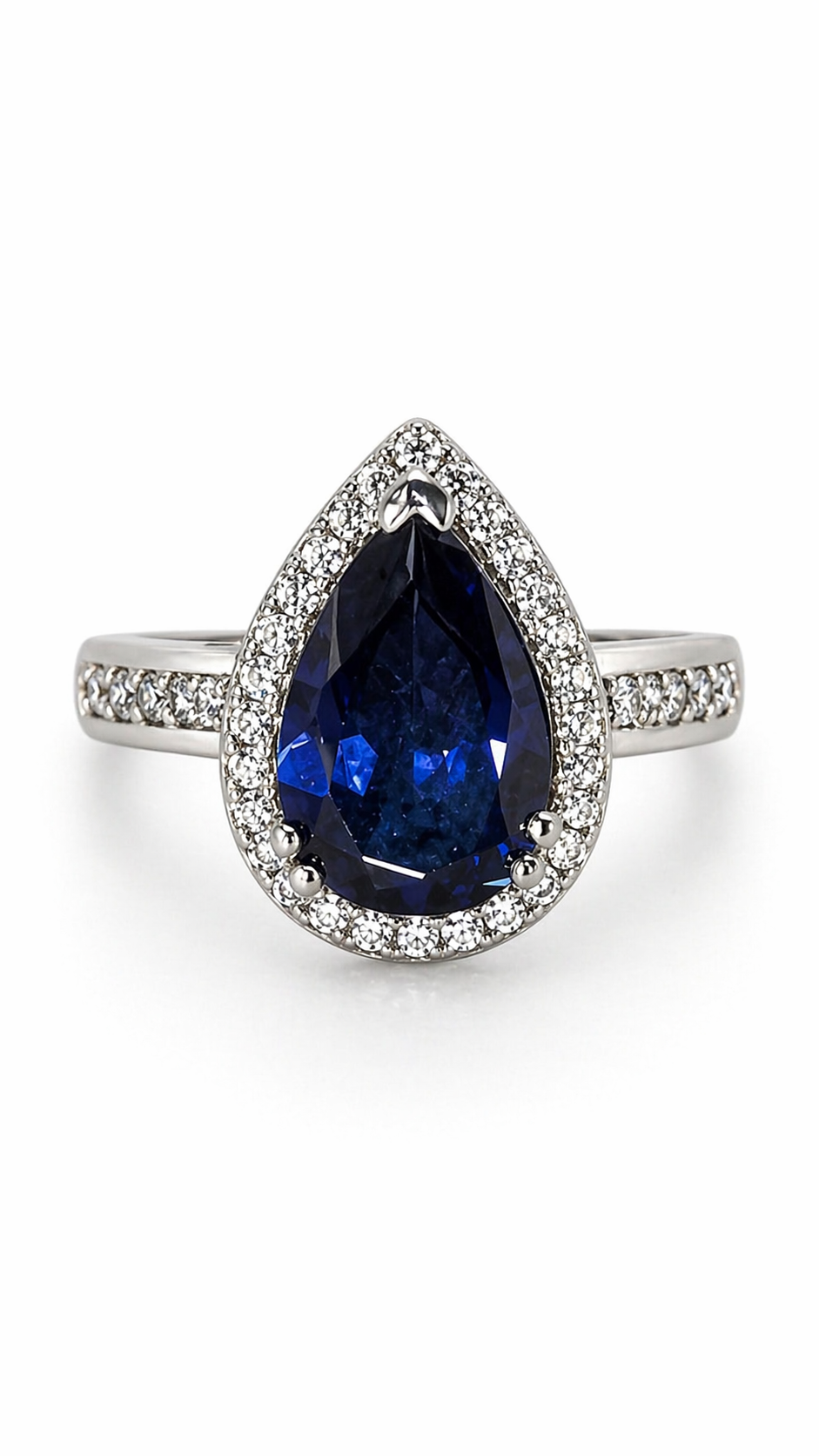 Anillo de Plata .925 - Halo Pera con Hombros de Pavé y Zircón Azul Zafiro Real en Corte Pera