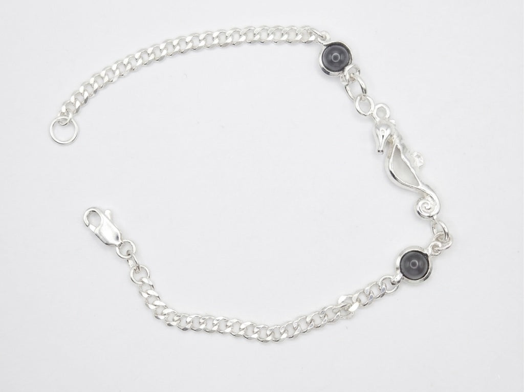 Pulsera de Plata .925 - Caballito de Mar con Ojo de Gato Negro