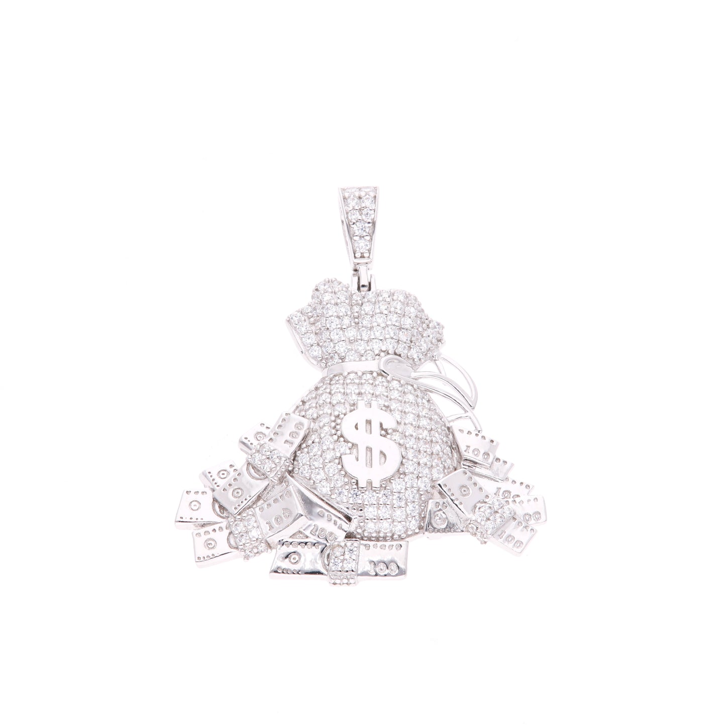 DIJE EN PLATA LEY .925 CON RODIO, BOLSA DE DINERO CON SIMBOLO DE DOLAR, CON CIRCONIA AAA